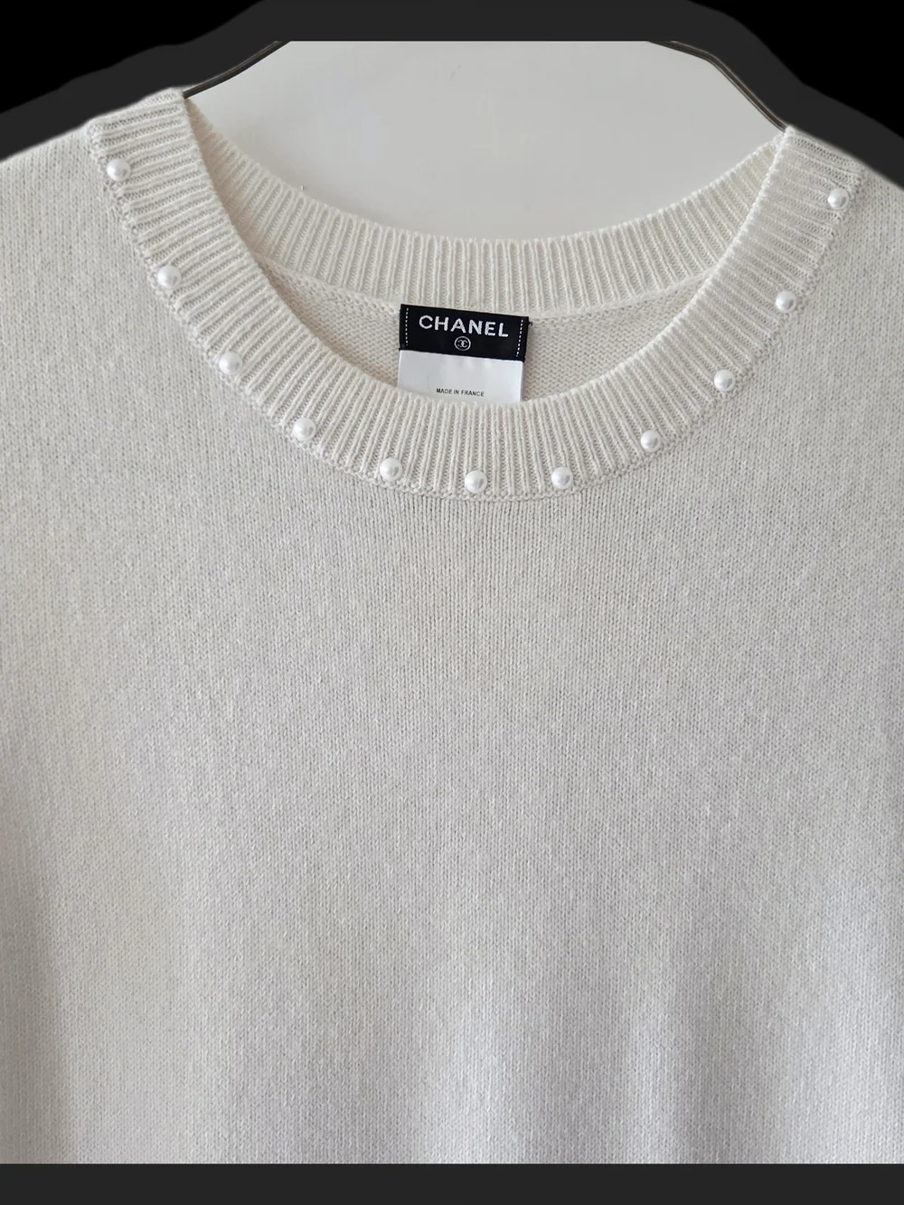 CHANEL Cream Sleeveless Cashmere Shift Dress with Pearl Accents Made In France